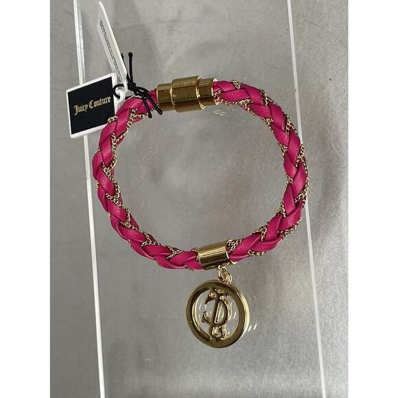New! Juicy Couture Pink Leather & Gold Tone Chain Braided Bracelet 7.5in - Picture 3 of 4